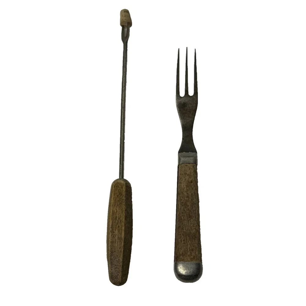 Vintage Swiss Fondue MCM Fork Set Wood Handle 50s 60s 3-Prong 2-Prong Lid Lifter